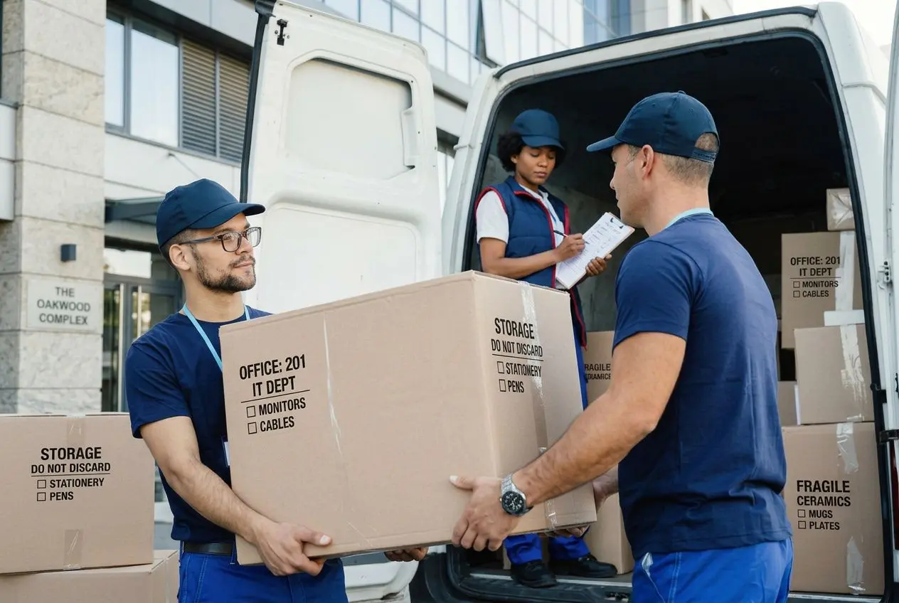 Deux déménageurs portant des cartons vers l’arrière d’un véhicule de déménagement, pendant qu’un autre collègue prend des notes à l’intérieur. Le tout montre une opération de transfert de matériel de bureau.