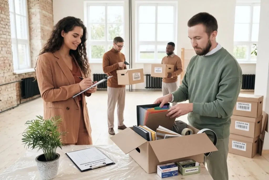 Équipe de bureau en préparation d’un déménagement: tri et étiquetage de dossiers, boxes et fournitures, avec une référence à l’organisation d’un déménagement de bureau.