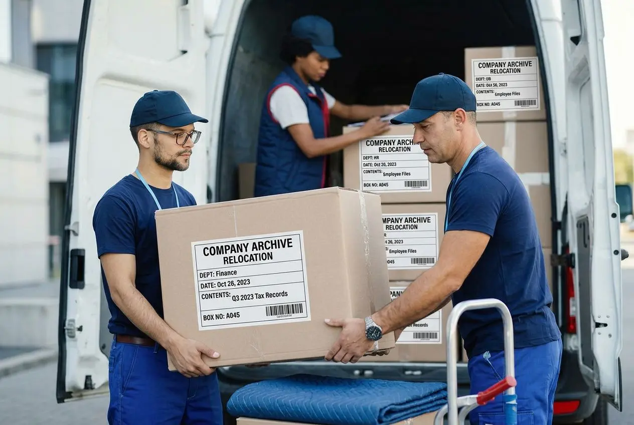Deux hommes chargent des cartons étiquetés "Company Archive Relocation" dans une fourgonnette, accompagnés d’un chariot. Déménagement d'archives d'entreprise.