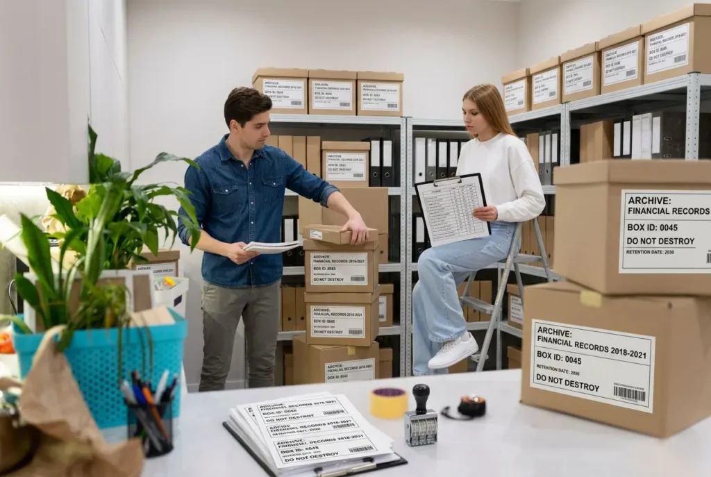 Deux personnes gèrent un déménagement d'archives d'entreprise, avec des boîtes étiquetées et des rangements de documents dans un bureau.