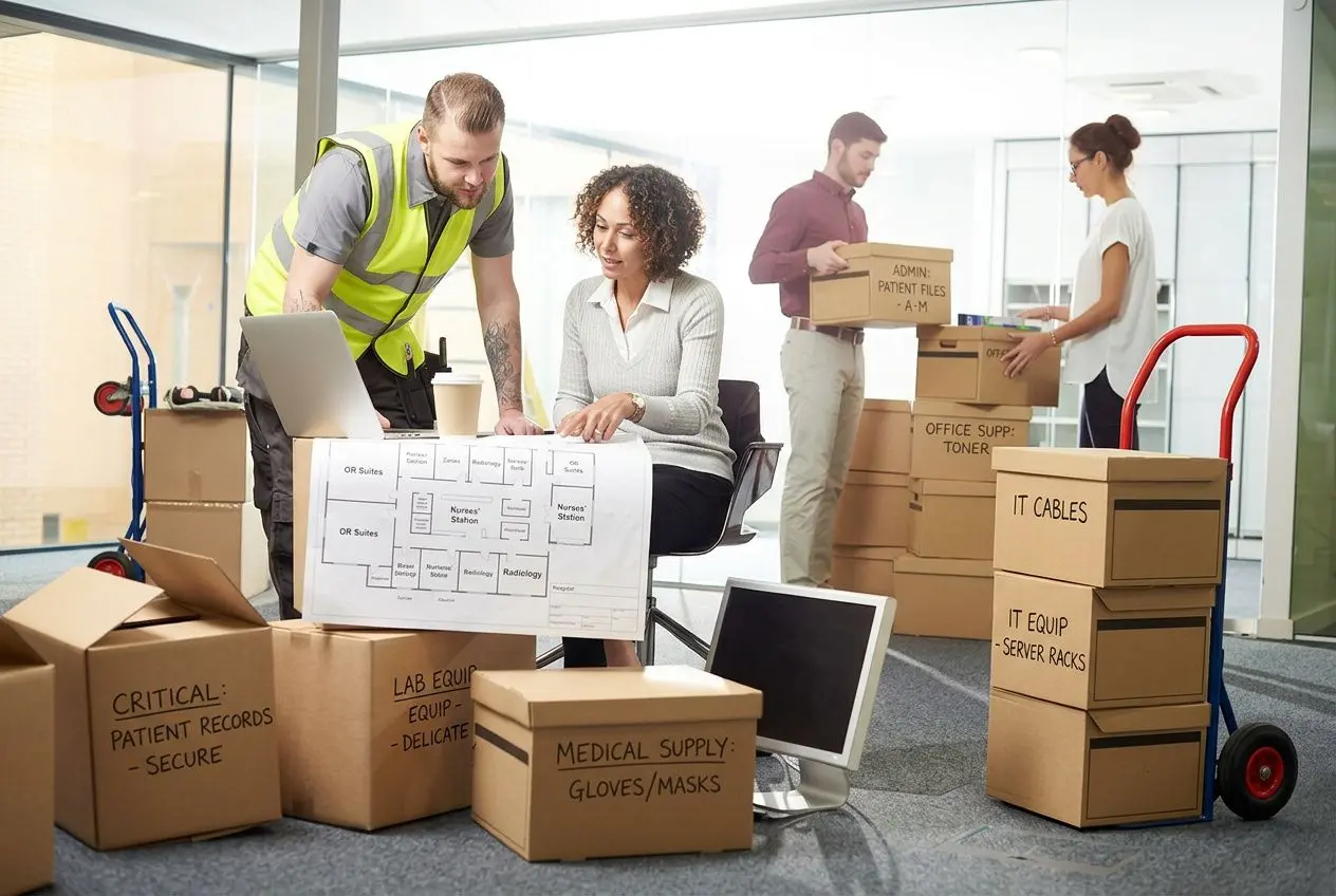 Équipe hospitalière organisant le déménagement hopital et clinique: personnes trient des cartons marqués « IT EQUIP », « MEDICAL SUPPLY », plan sur table, chariots et étiquettes, ambiance bureau.